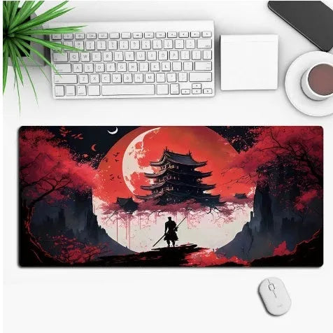 Custom anime graphic gaming mouse pad with non-slip rubber base on a wooden desk.