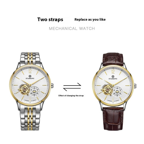 Men's automatic mechanical business watch with leather strap and stainless steel case