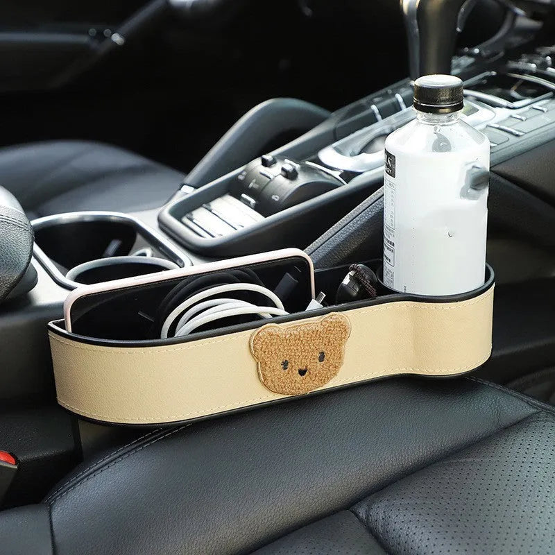 Leather car seat gap storage box with cartoon bear design for organising small items