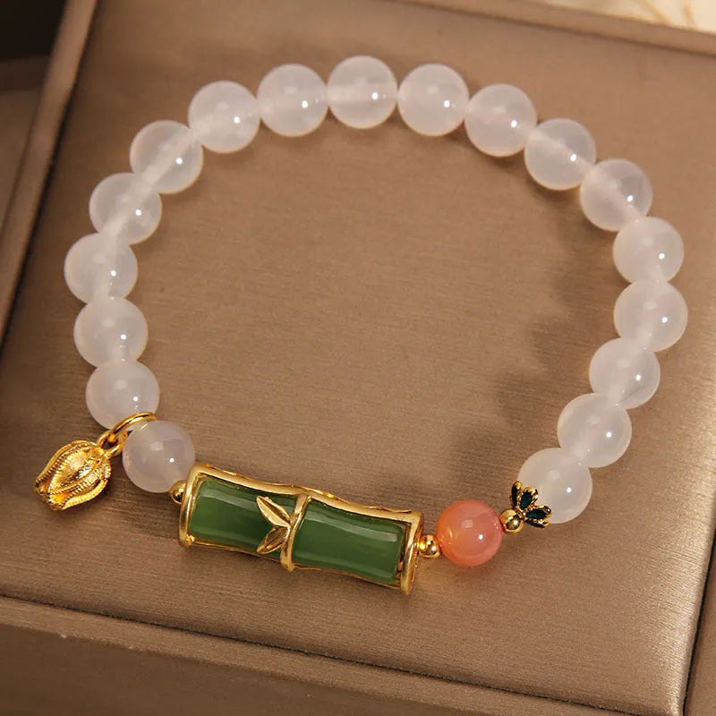 White agate jade bamboo bracelet with Chinese retro design for women