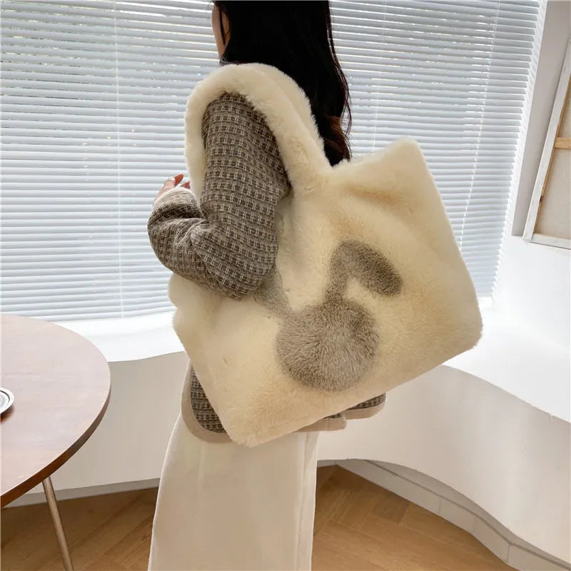 Cartoon rabbit ears plush shoulder bag in solid colour with large capacity interior