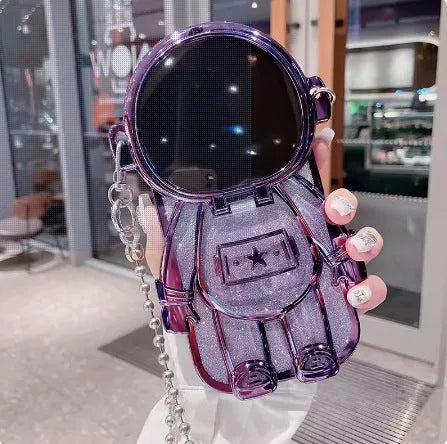 Electroplated TPU astronaut phone case for iPhone 13 with flip mirror and bracket, dark purple gradient glitter finish