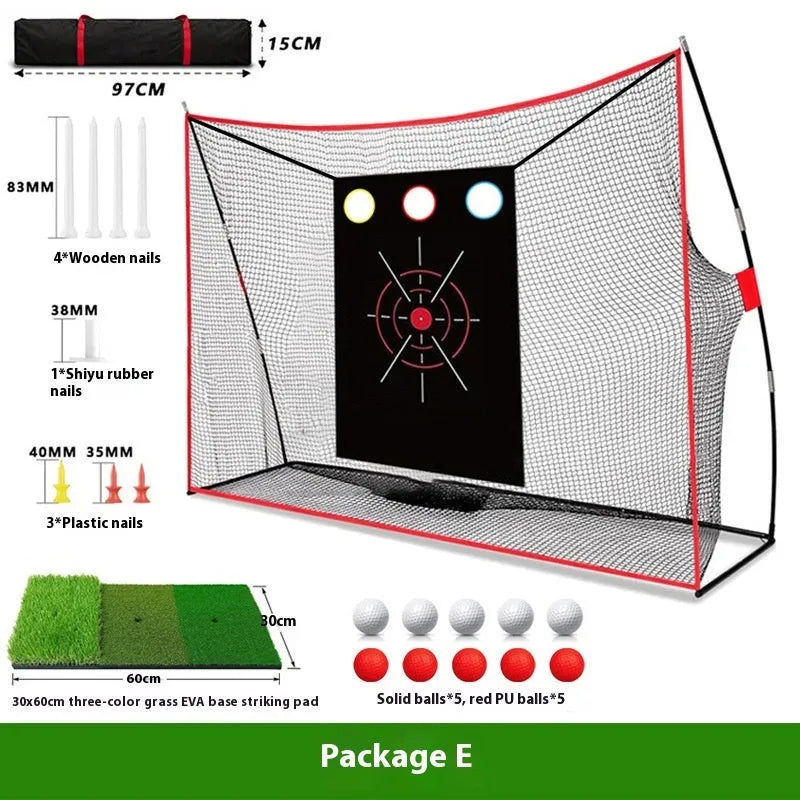 Golf swing wedge training net with straw practice mat and practice balls
