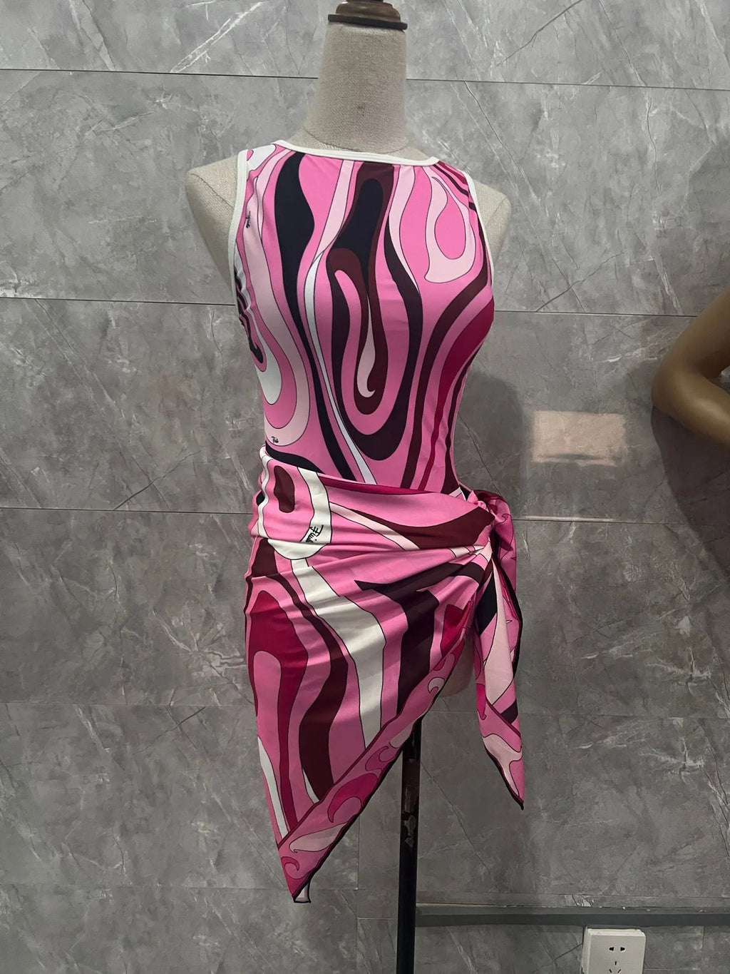 Women's striped polyester bikini set with square scarf in blue, front view, for swimming and wading