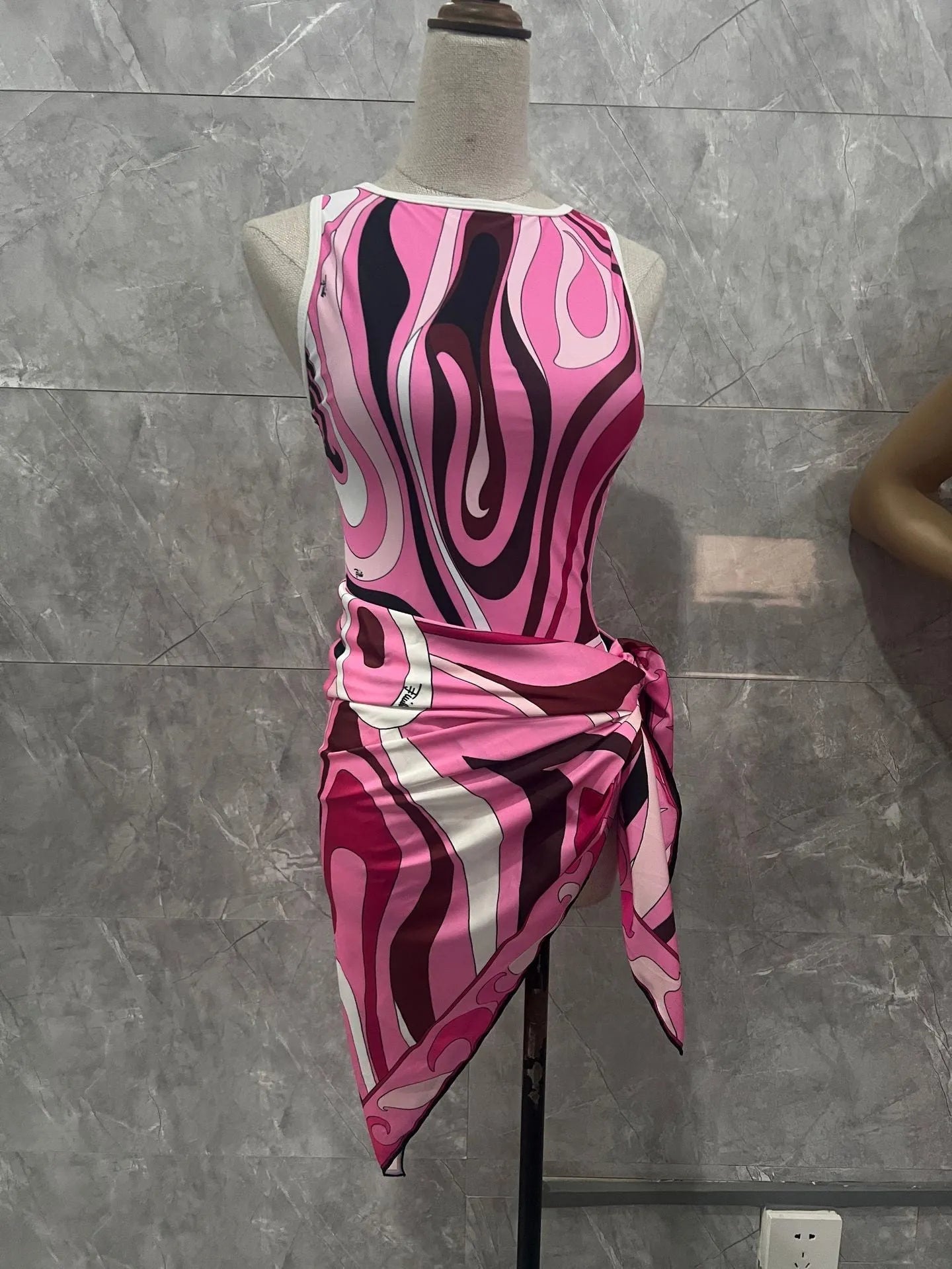 Women's striped polyester bikini set with square scarf in blue, front view, for swimming and wading