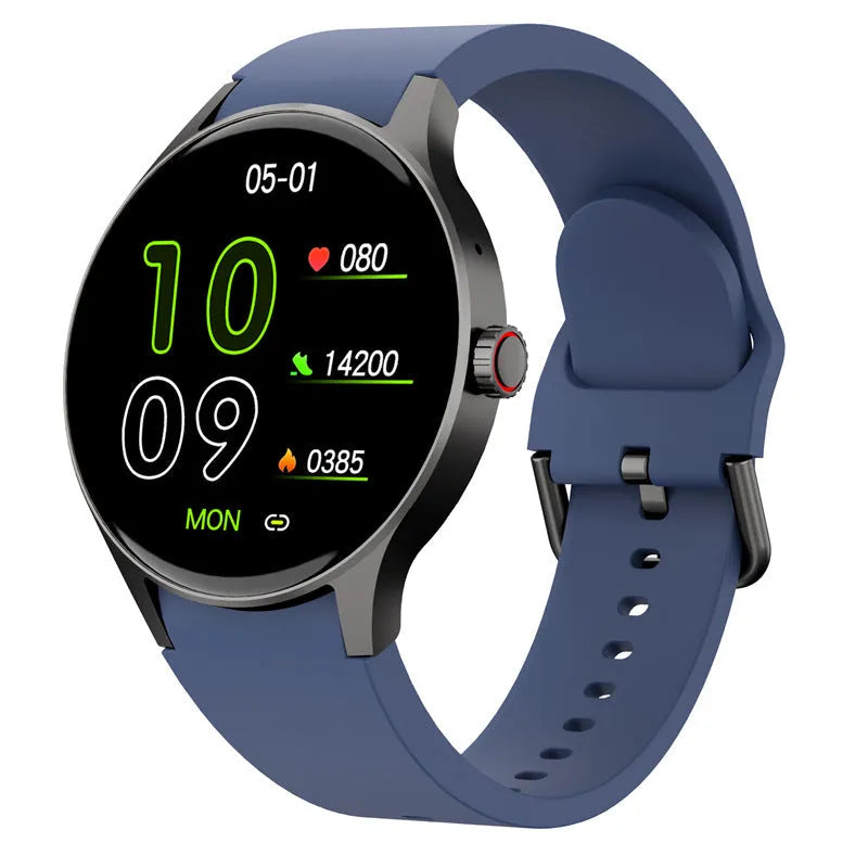 Black smartwatch with round 1.43 inch screen on a wrist, showing a fitness stats display.