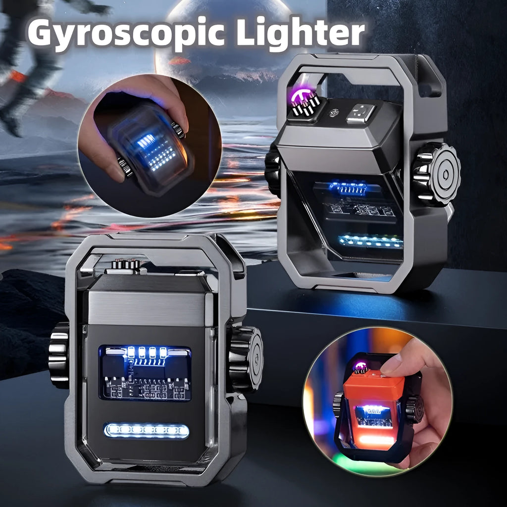 Blue Pulse double arc windproof electric lighter with a visible mechanical gyroscope and a Type-C charging port.