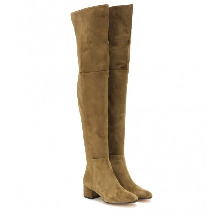 Grey suede women's flat over the knee boots with a pointed toe and thick low rubber sole.