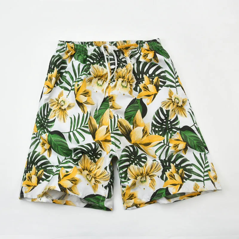 Men's floral print five-point swimming trunks in polyester fabric for pool and beach use