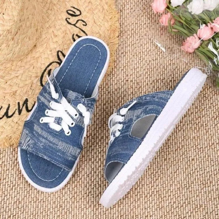 Blue women's Roman style canvas slippers with cloth upper and rubber sole in sizes 36-43