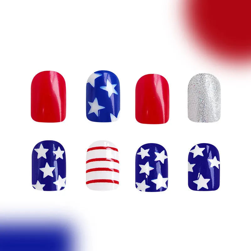 Set of red and blue glitter false nail tips in a short European square shape.