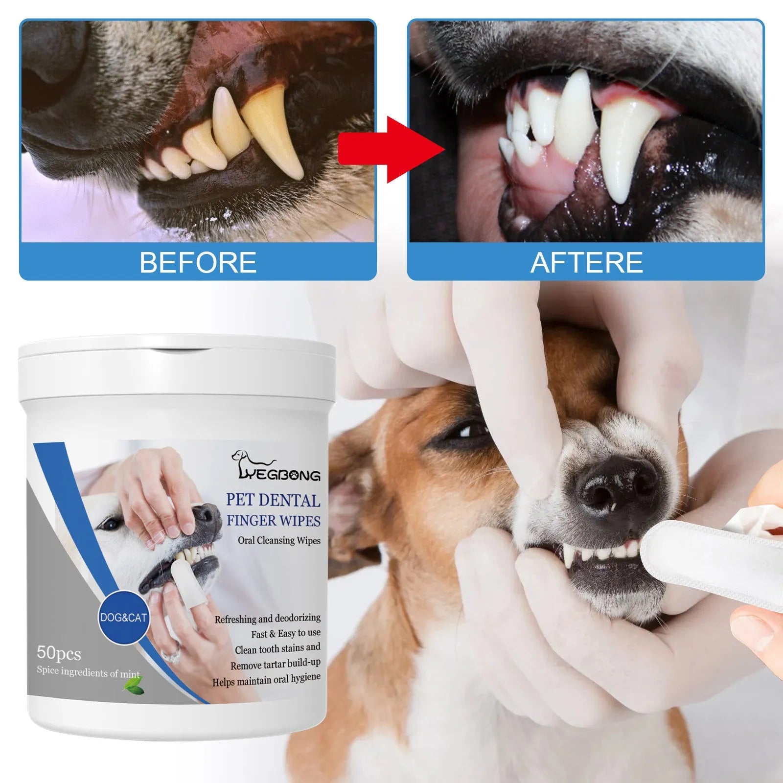 50 piece dog teeth cleaning finger wipes with applicator glove for canine oral care