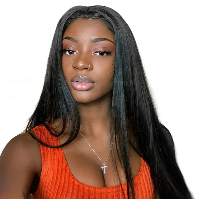 Long black straight synthetic wig with centre-parted bangs on a wig stand.