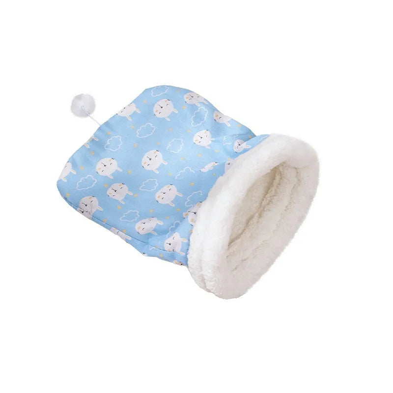Blue rabbit pattern flannel cat sleeping bag nest bed measuring 50 cm by 40 cm.
