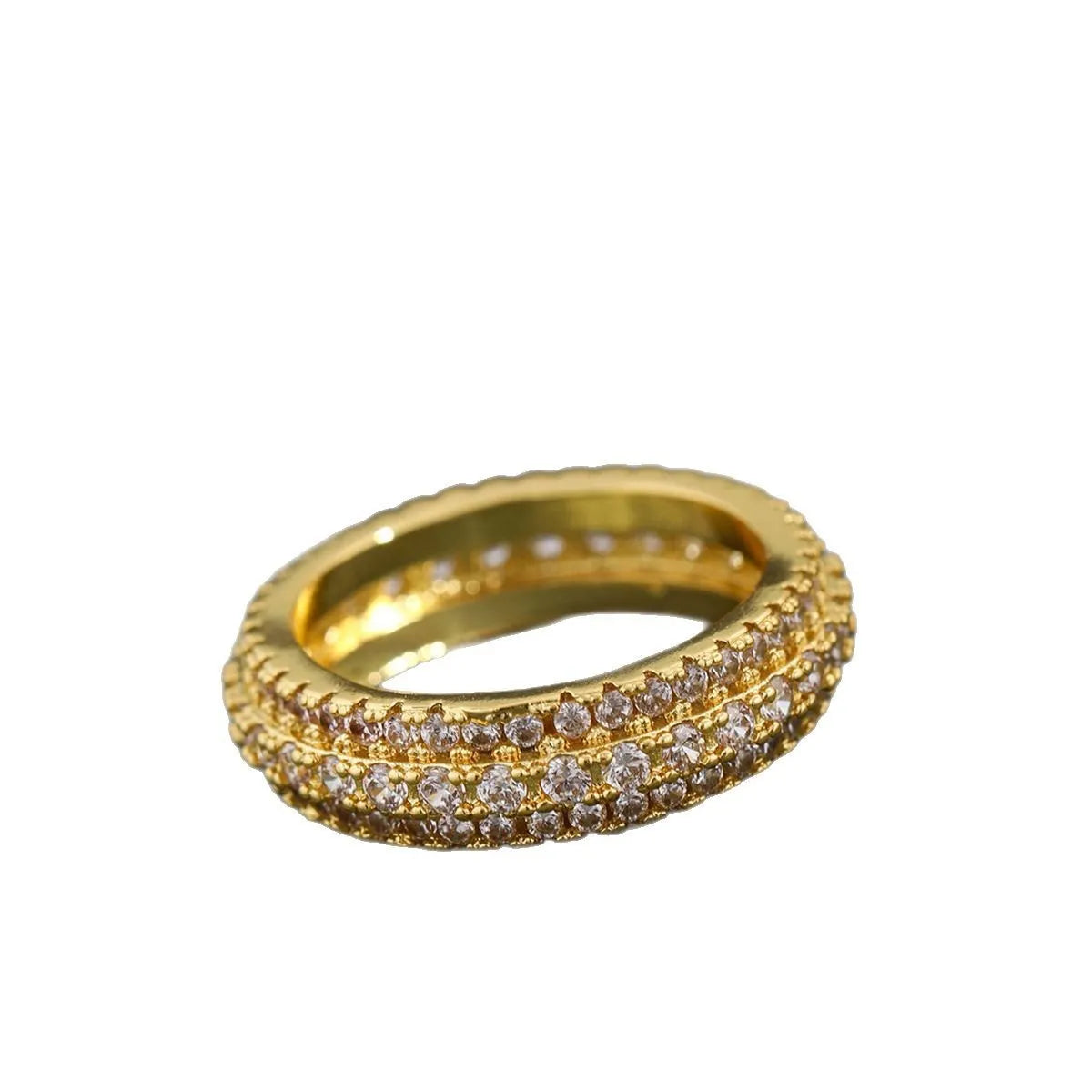 Geometric triangular zircon inlay ring in white gold finish on a finger.