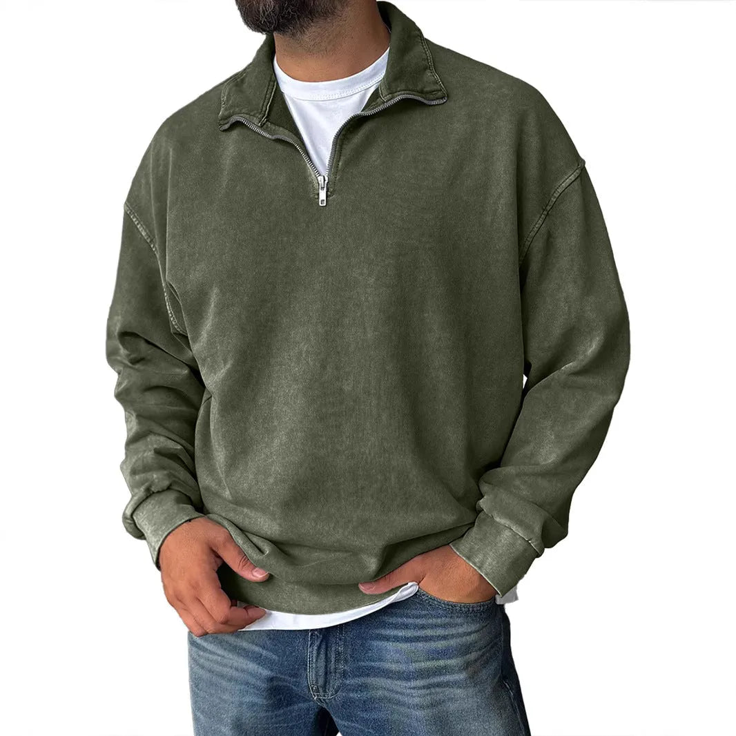 Men's loose drop shoulder sweatshirt with stand collar, 100% cotton, long sleeve pullover in solid colours, sizes S to 4XL