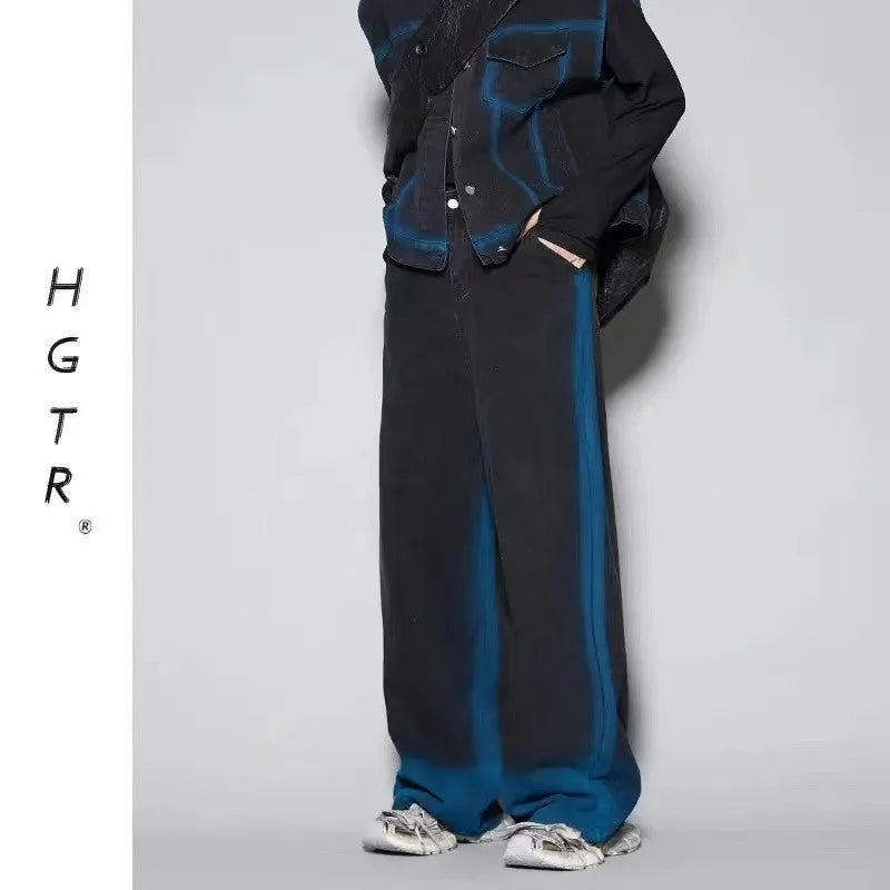 Fleece-lined distressed denim vest and jeans two-piece suit set with spray colour gradient design
