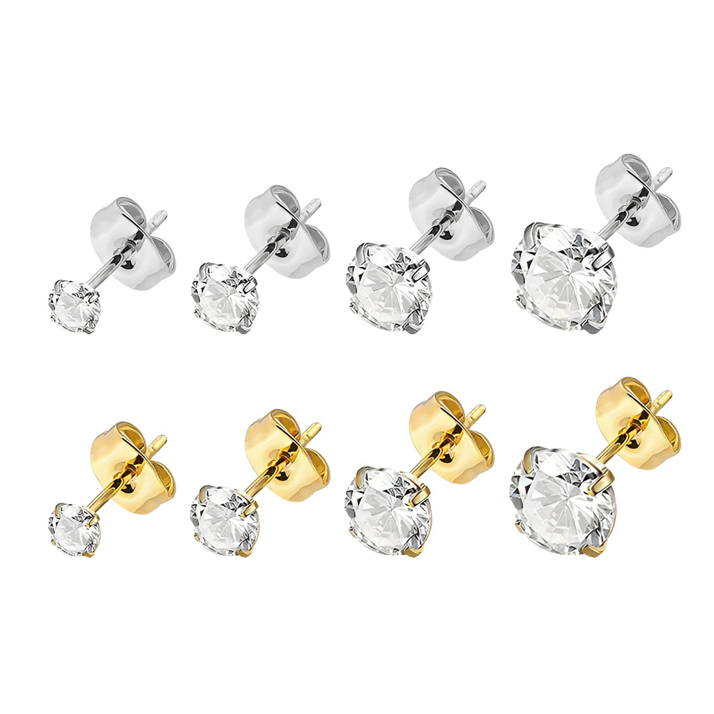 Titanium steel geometric stud earrings with square and round zircon stones in gold and steel colour finishes