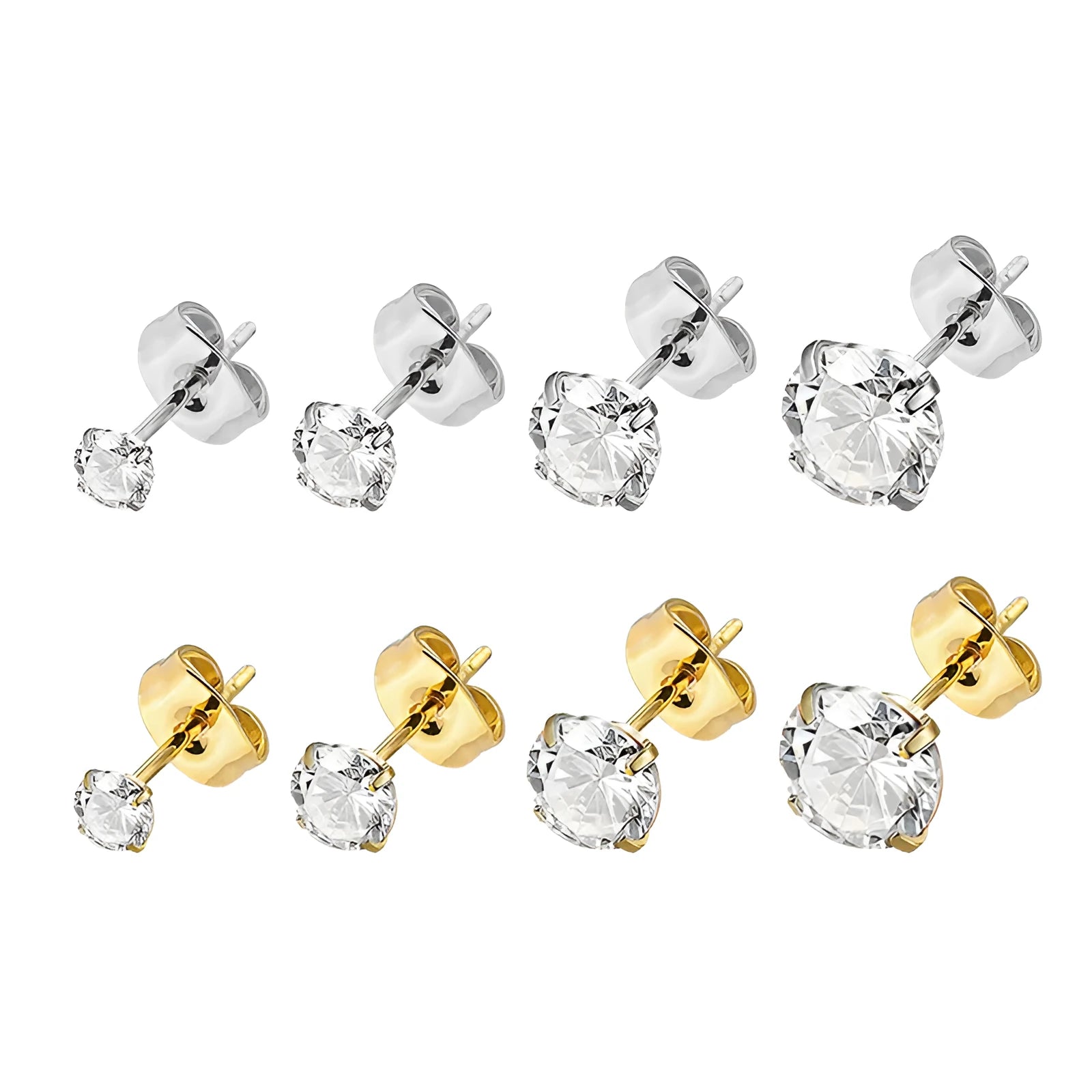 Titanium steel geometric stud earrings with square and round zircon stones in gold and steel colour finishes