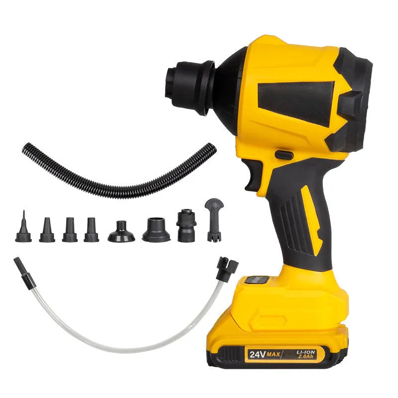 Yellow handheld lithium battery dust blower and suction gun for office and home cleaning.