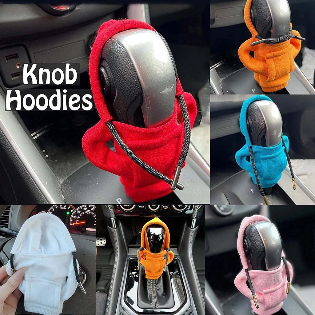 Gear shift knob hoodie cover in cloth material with sewing construction, shown in various colours