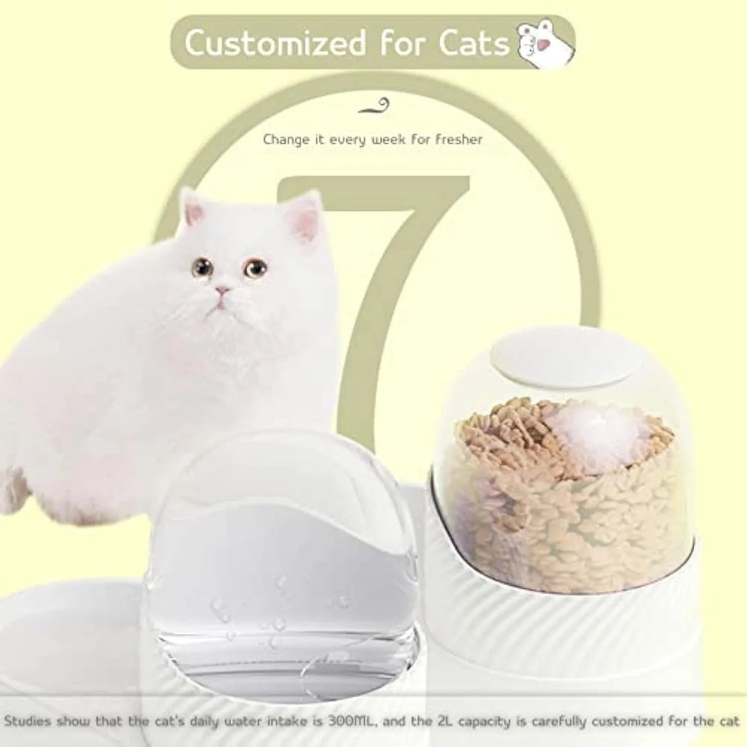 White automatic gravity cat feeder and water dispenser set on a floor.