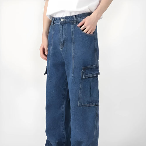 American retro loose straight leg cotton denim workwear jeans in blue with zipper fly