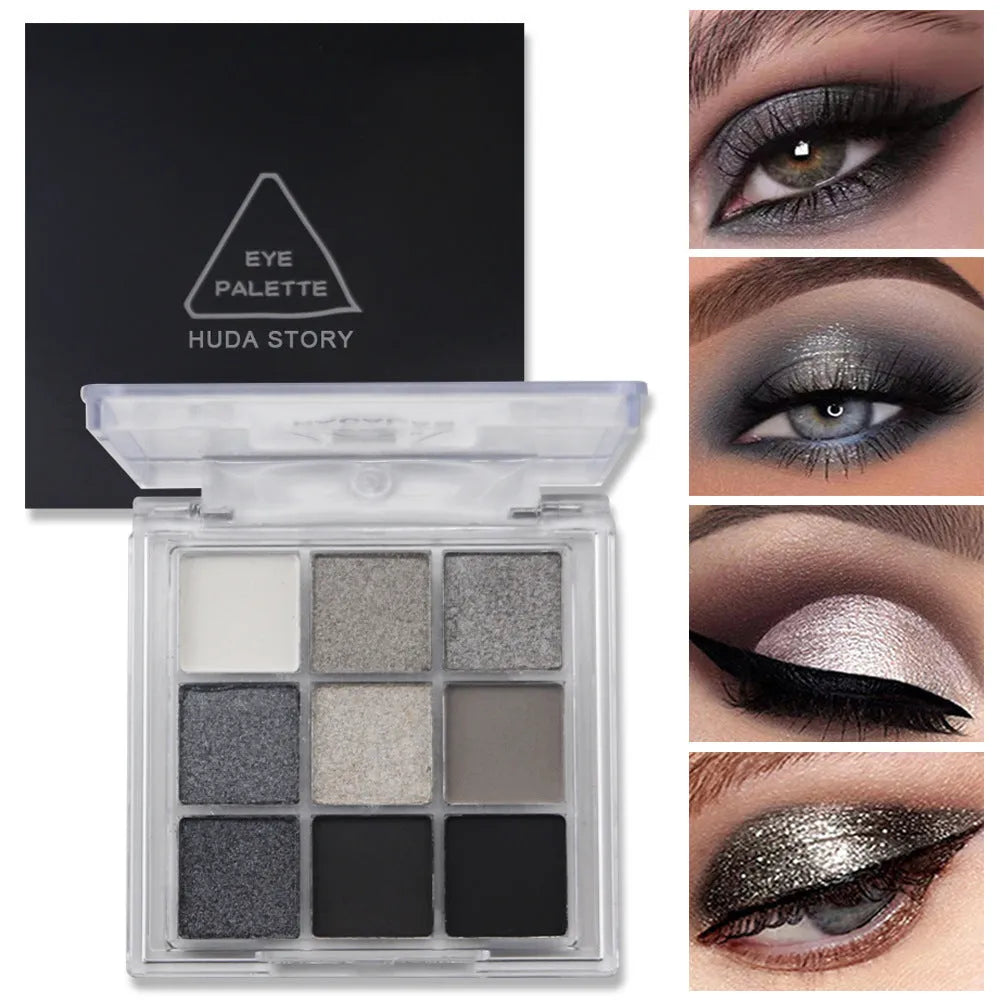 Nine-colour smoked eye shadow plate showing white, silver, black, and iron grey shades in INS style case
