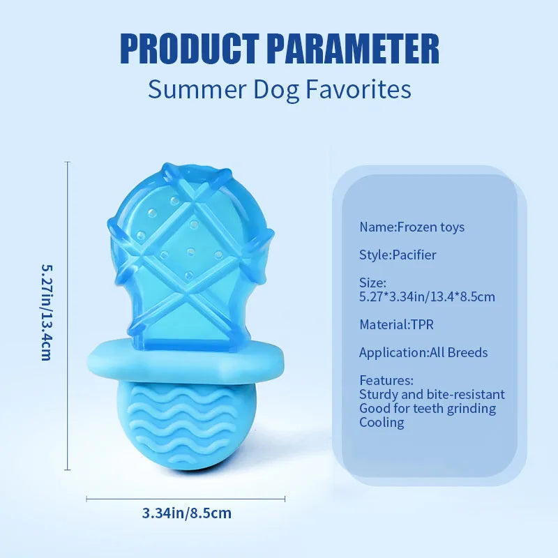 Set of three dog cooling toys: pacifier, popsicle, and ring, designed to be filled with water and frozen.