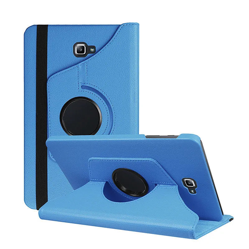 Tablet leather case with rotating stand in clamshell design showing ten colour options