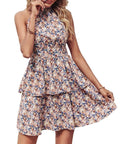 Women's backless halter neck summer dress with boho ruffled A-line skirt in a solid colour