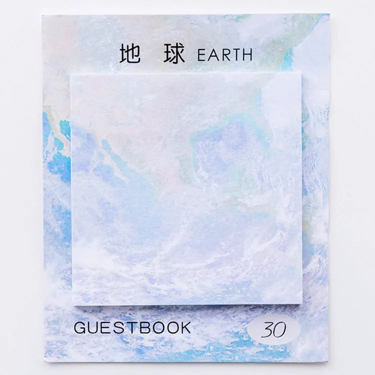 Square planet sticky notes notepad showing oil painting artwork of Earth, Mars, and moon designs.
