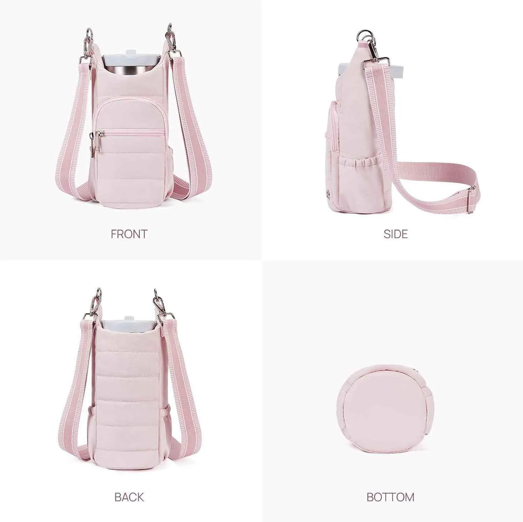 Cloth water bottle bag with adjustable shoulder strap for bicycles in black, pink, and beige colours.