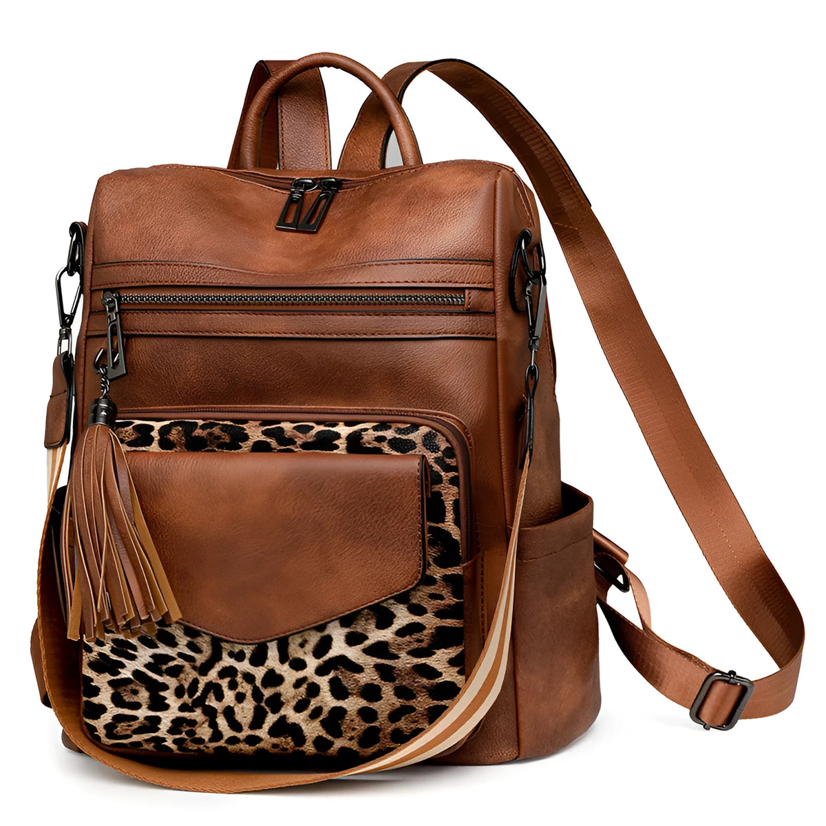 Retro women's backpack with two-tone fringe, soft PU outer, multiple compartments, available in various colours.