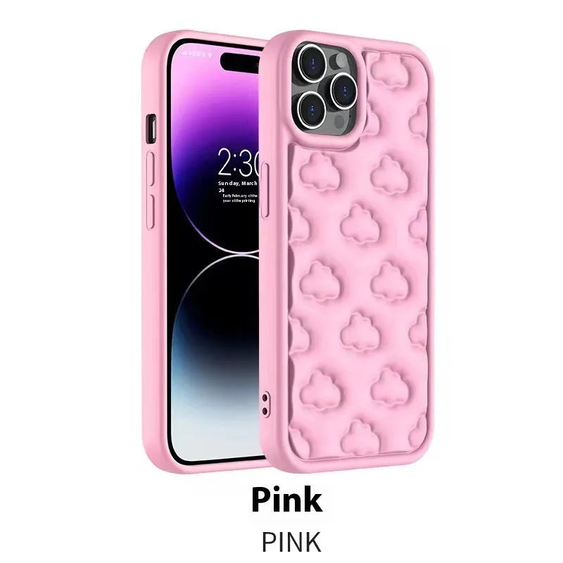 Hand oil three-dimensional cloud TPU phone case for iPhone with embossed floral pattern, black colour, displaying full back and edge coverage.