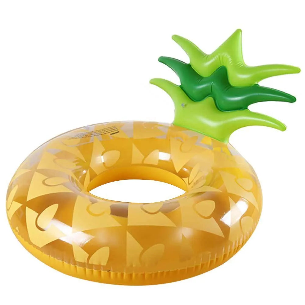 Inflatable pineapple pool lounger with cup holder floating on water in yellow colour
