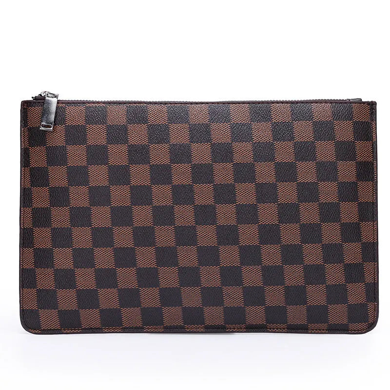 Men's soft PU leather clutch wallet with checkered pattern showing six card slots and zipper pocket