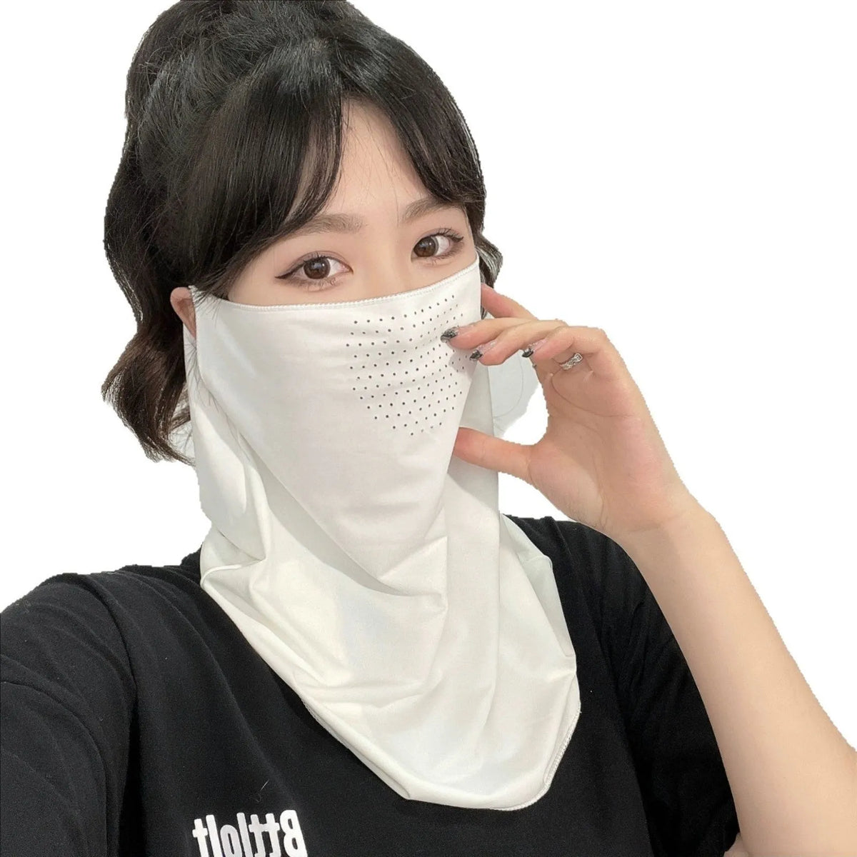 Outdoor cycling face mask in black, white, grey, or pink with UPF50 and breathable nylon half-cover design.