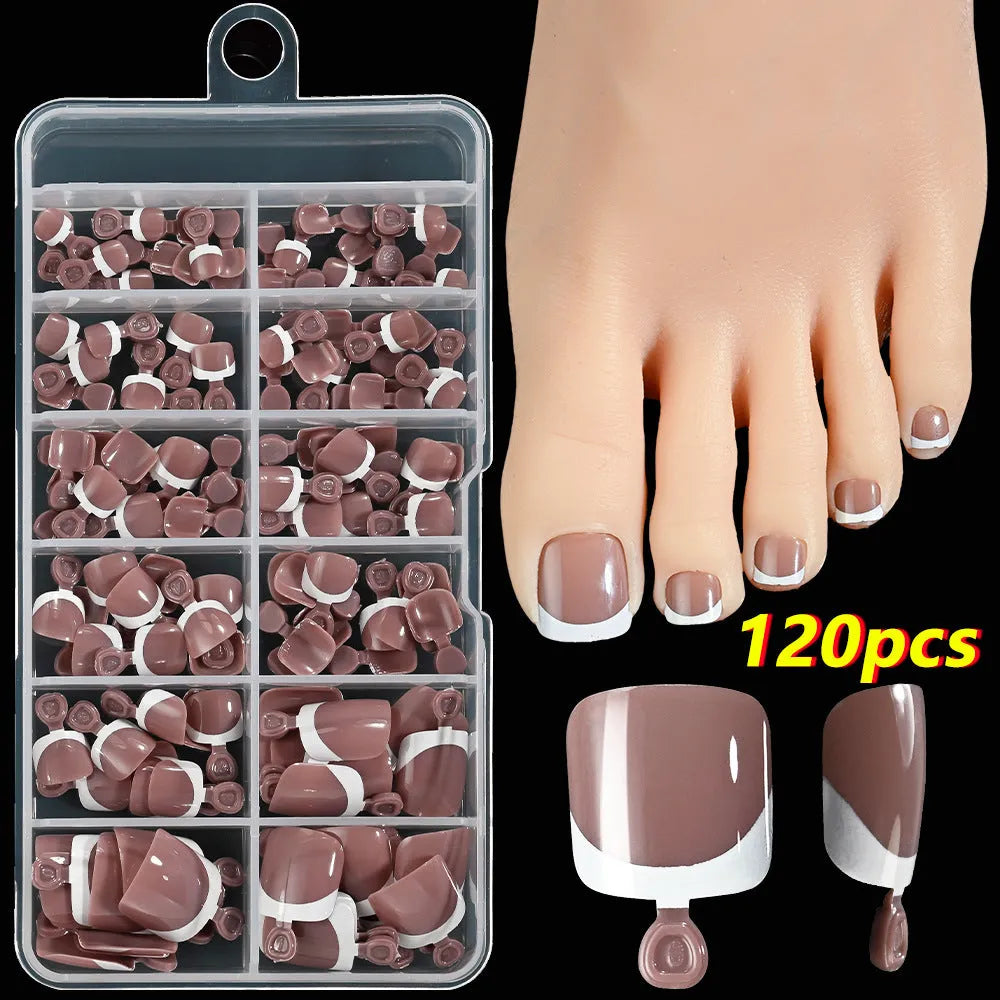 120-piece box of French white tip full square short nude nail appliqués in nine colour shades.