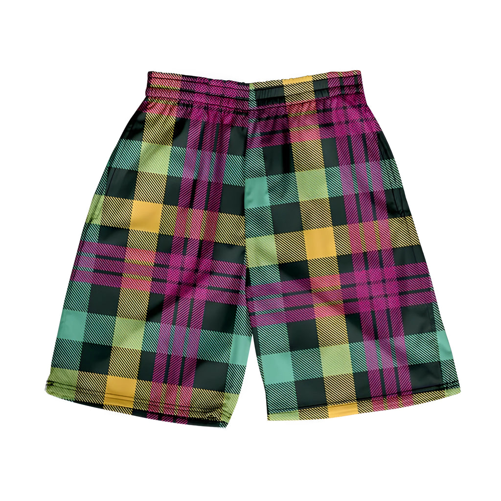 Man wearing plaid print straight-leg shorts with an elastic waistband, showing multiple colour options.