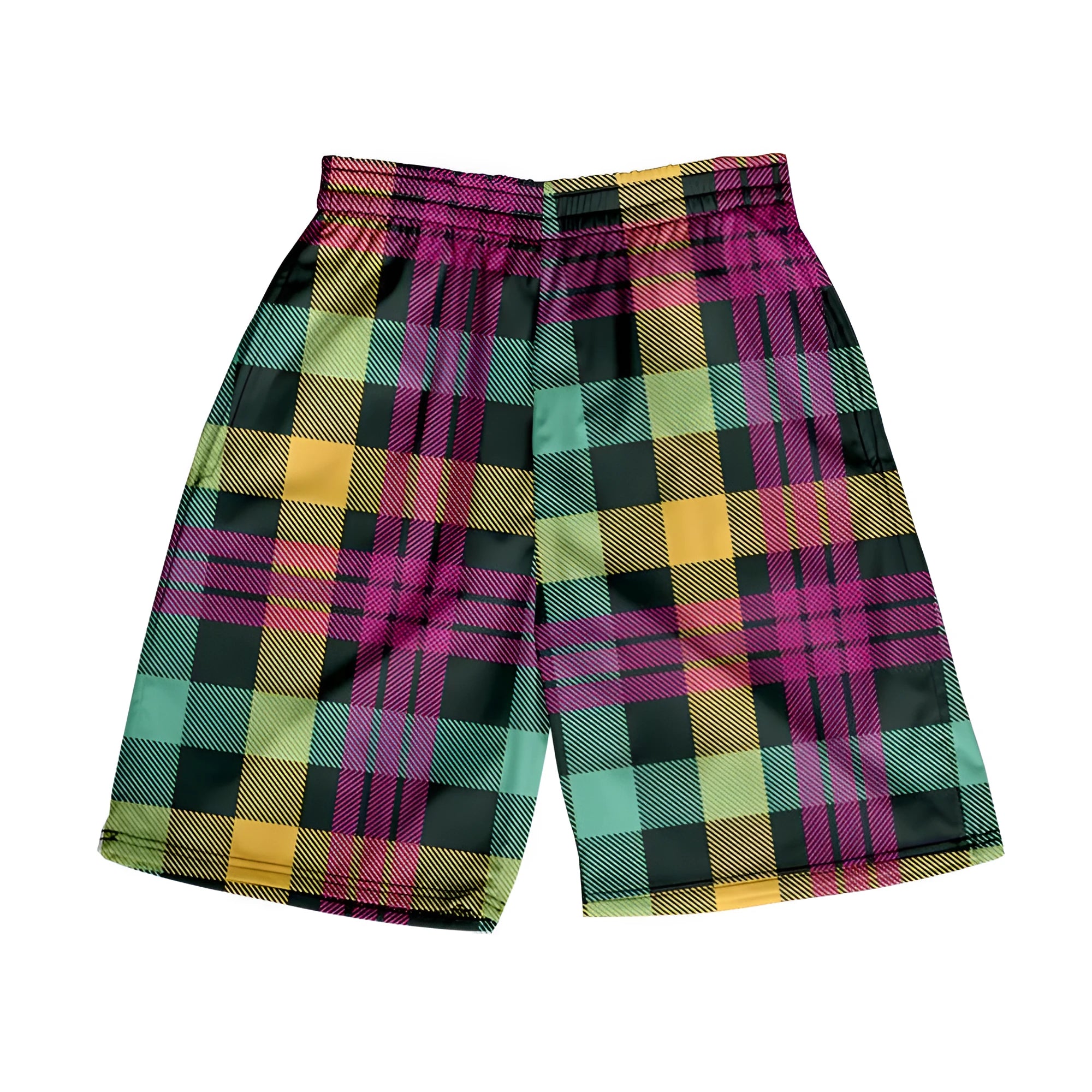Man wearing plaid print straight-leg shorts with an elastic waistband, showing multiple colour options.