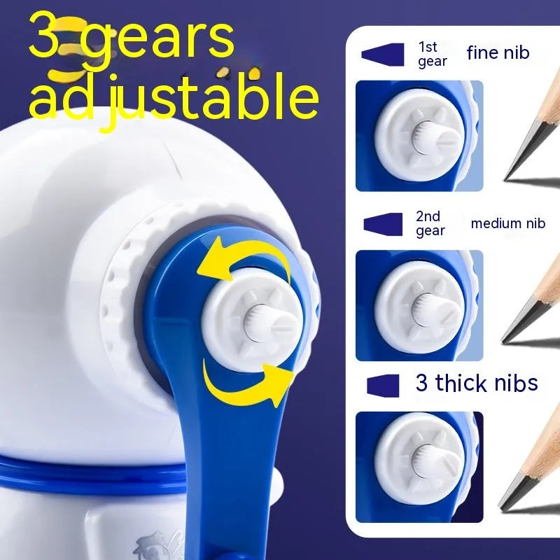 Blue cartoon astronaut manual pencil sharpener with adjustable blades on a white background.