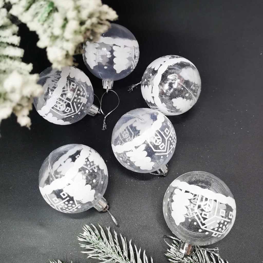Set of six transparent 6cm acrylic Christmas ball ornaments with hand-painted colour, modern simple style