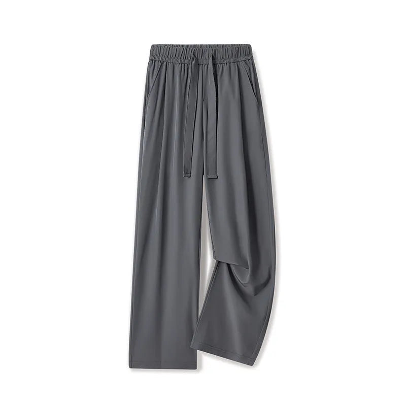 Men's quick-drying loose straight wide-leg casual trousers in solid colour, polyester blend, drawstring mid waist
