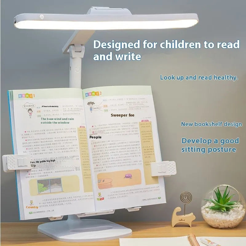 Adjustable desk lamp with reading light showing three temperature settings and dual power options