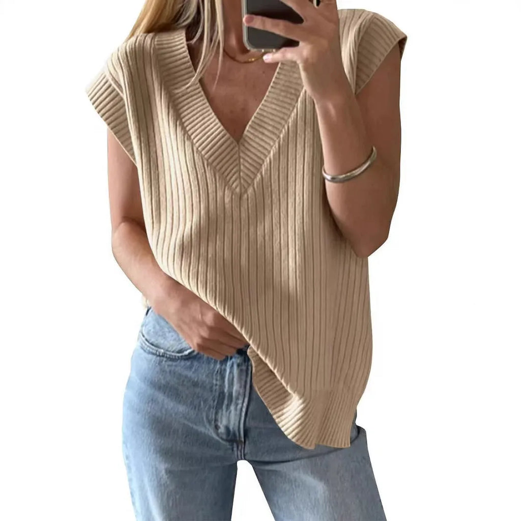 Camel coloured V-neck sleeveless loose pullover vest with folding elements