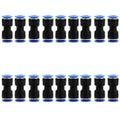Blue Jinqi pneumatic straight through quick connector for PU tubing sizes 4mm to 16mm.