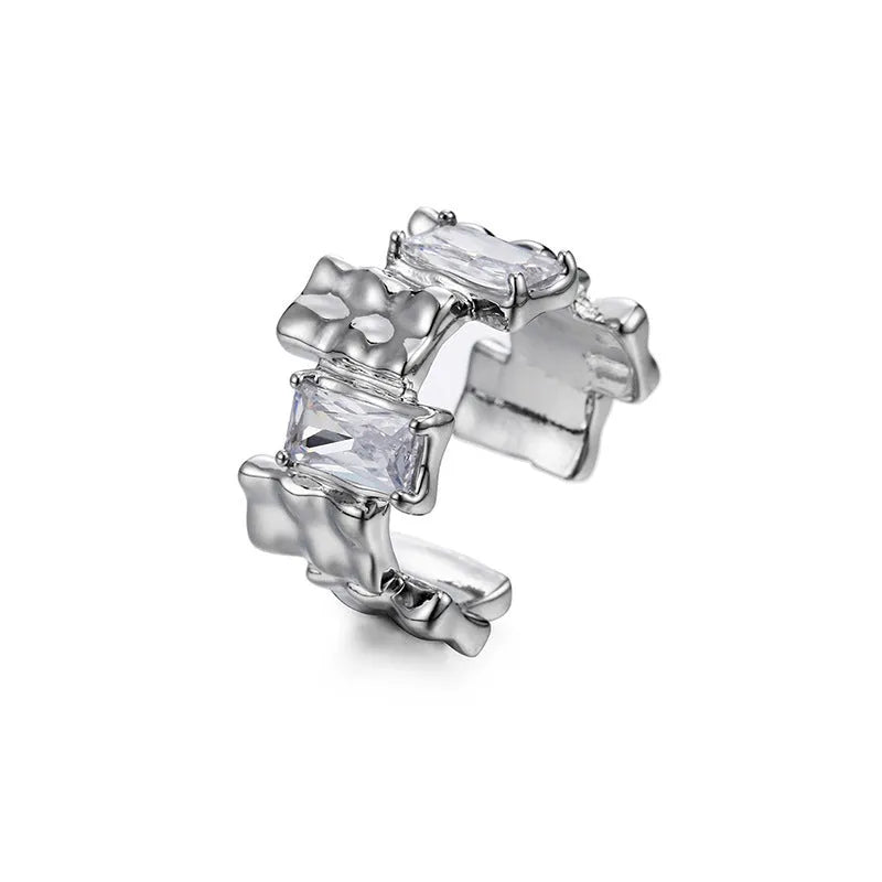Silver open ring with cross zircon design and geometric retro styling