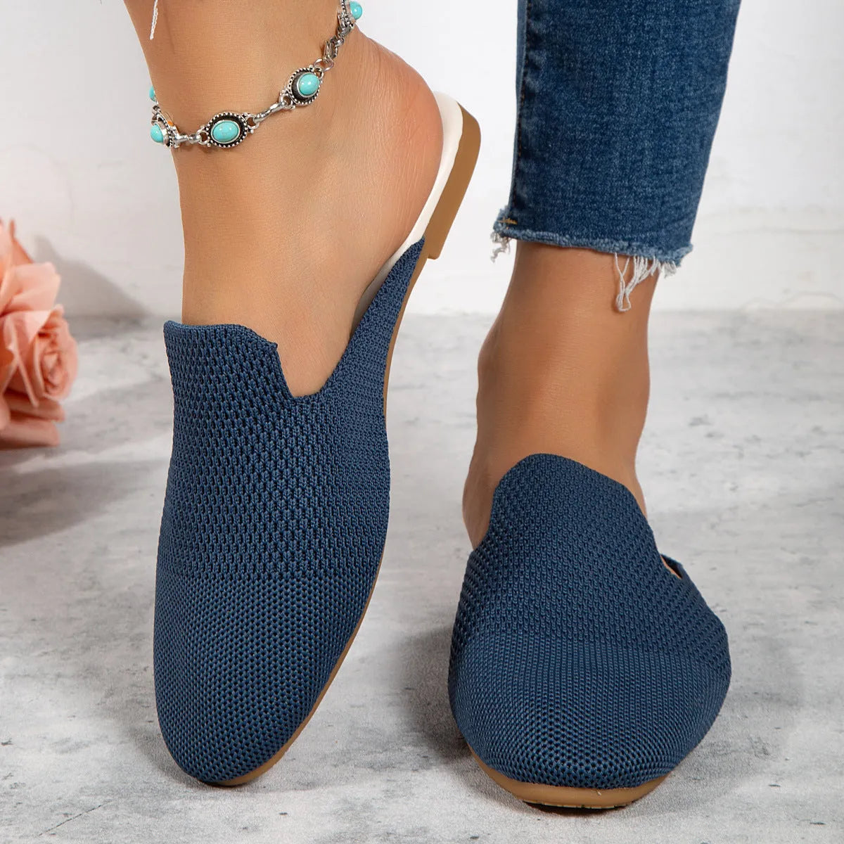 Adult casual mesh sandals in apricot, blue, and green with cloth upper and rubber sole.