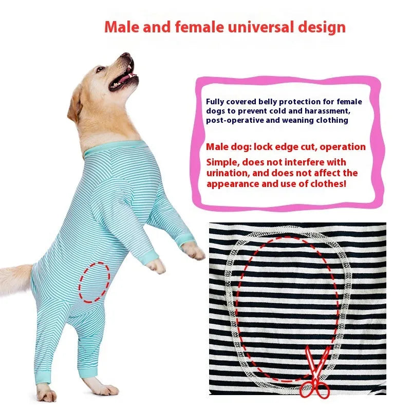 A striped polyester dog shirt for large breeds, shown in a sky blue colour with a four-legged design.